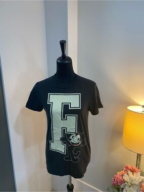 Black Short-Sleeve Graphic Tee with Large 'F' and Felix Motif